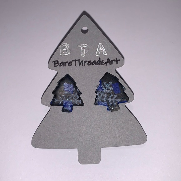 Handmade Blue Plaid Christmas Tree with Snowflake Earrings - Picture 1 of 3